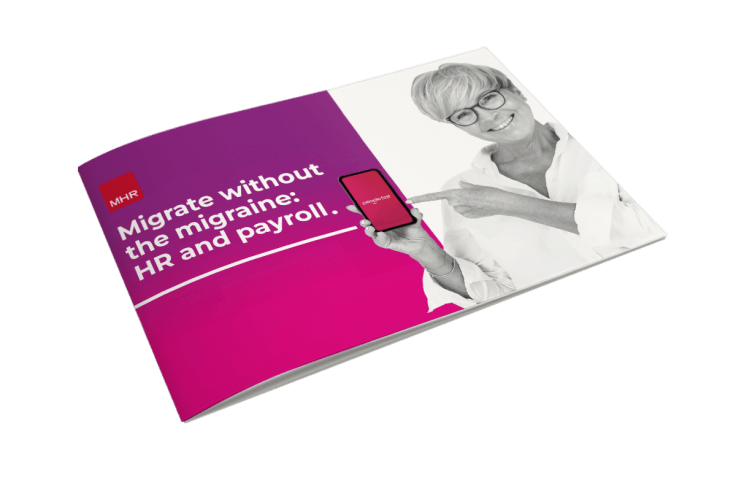 Migrate without the migraine hr and payroll. A lady holding a phone showcasing People First HR and Payroll software.