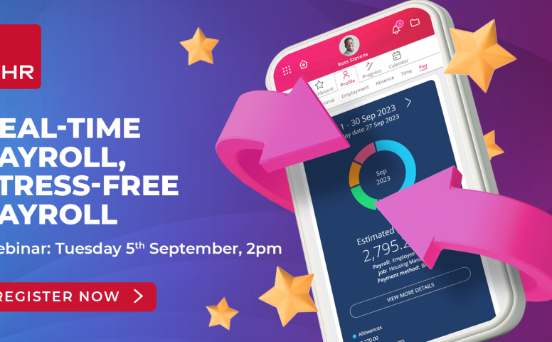 People First software on a phone, with a tagline reading: real-time payroll, stress-free payroll. Webinar on tuesday the fifth of september, at two P.M.
