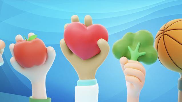 hands holding up fruit, veg, sporting equipment and water. on a blue background