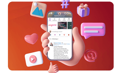A hand holding a mobile phone showing the People First platform and it's recruitment and onboarding features