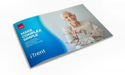 Mock up on the iTrent overview brochure including an older woman smiling with a blue wave overlay on the left