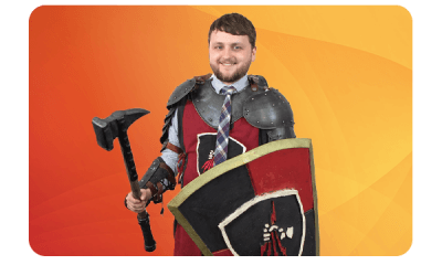 Luke Robinson, our IT Support Engineer dressed as a knight ready for battle