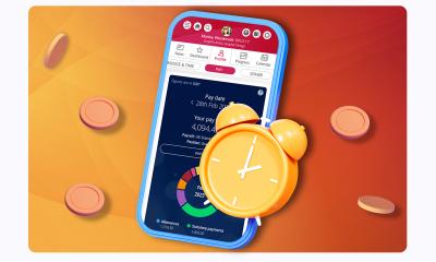 People First payroll software screen on a smartphone with coins and a clock surrounding it