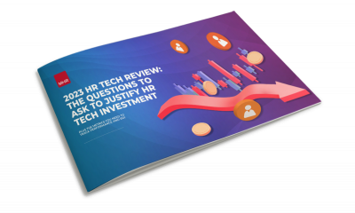 Our review on 2023 HR Tech and the 7 key metrics organisations should invest in front cover image showing arrows and employee profiles.