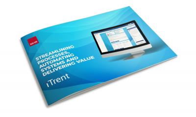 Front cover of the ITrent delivers value guide, showing the title, streamlining processes, automating systems, and delivering value. 