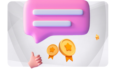 Speech bubble with thumbs up representing positive reviews.