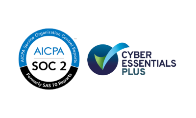 SOC 2 and Cyber essential plus logos.
