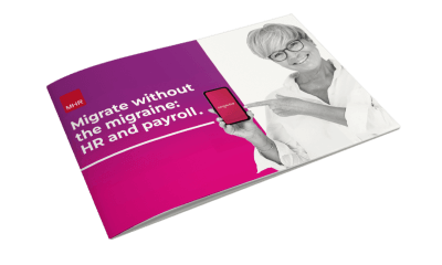 Migrate without the migraine hr and payroll. A lady holding a phone showcasing People First HR and Payroll software.
