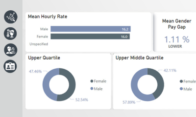 Employer overview of payroll in iTrent people analytics, showing mean hourly rate, mean gender pay gap, upper quartile and upper middle quartile.