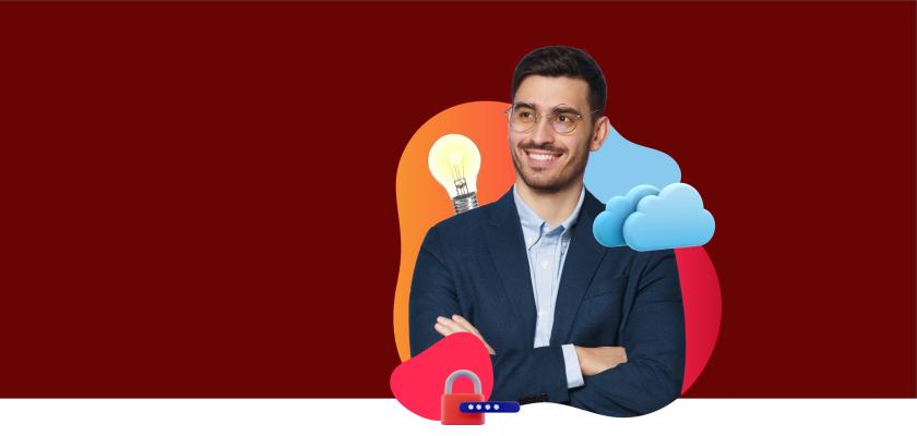 Homepage banner with a man looking very happy with folded arms and light bulb on his shoulder