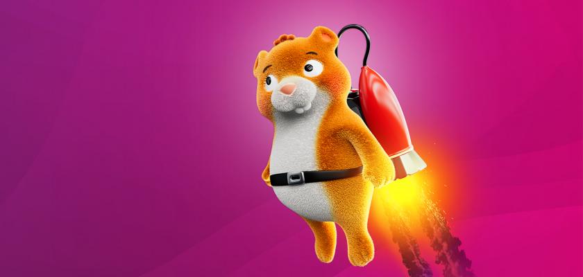 Harriet the hamster flying with a jet pack, representing how our systems can accelerate the way your business systems perform.