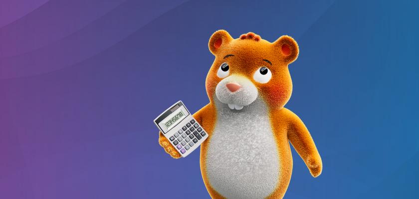 Harriet the hamster manually doing her finances with a calculator, showing how slow finance process can be and that it's time for her to implement a new finance software solution.