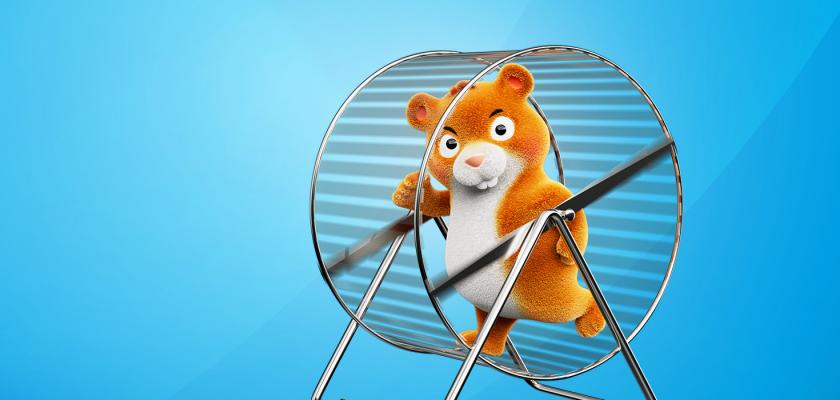 Harriet the hamster in a wheel, representing how repetitive payroll can be.