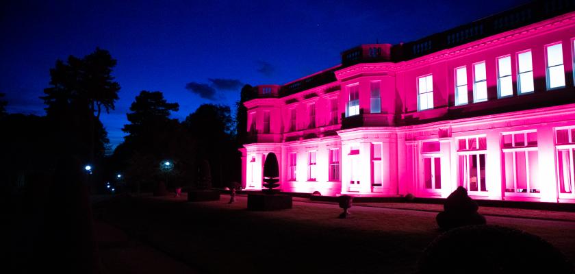 Ruddington Hall lit up at night time