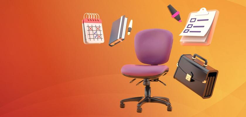 Desk chair surrounded by notepad, briefcase, and pens, showing manual elements of what's needed to professionally manage a service, which is time-consuming.