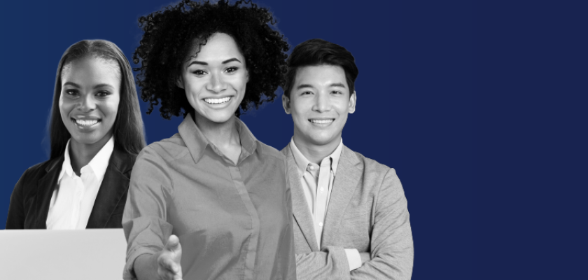 Three people standing together smiling on a blue background.