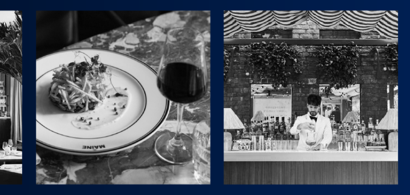 three images showing fine dining, 1st displaying a restaurant, second displaying food and wine, third showing a bar tender making a drink.