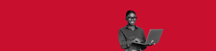 learning hero banner, with a lady wearing glasses holding a laptop, smiling.