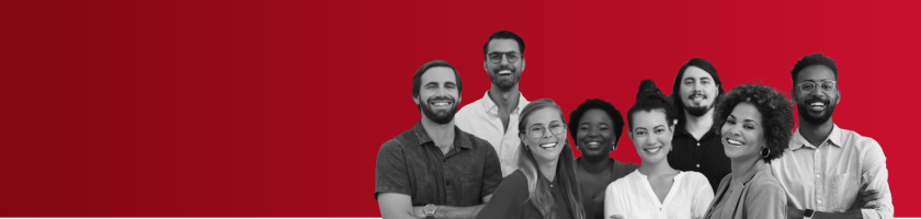 Red background with colleagues smiling that their new HR, payroll and finance software streamlines their processes.