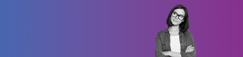 blue to purple gradient banner, with a lady folding her arms with glasses on.