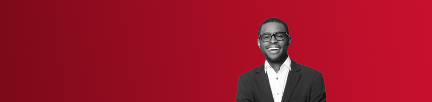 dark red to red gradient banner with a man smiling.
