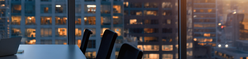 A lady working in a skyscraper, on a laptop. using MHR's finance integration to do financial planning.