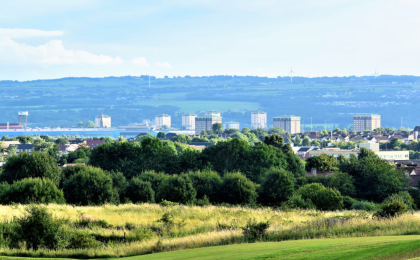green fields, skyline, buildings, scotland