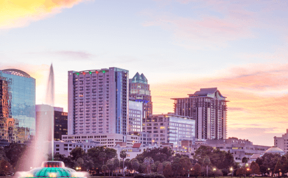 Orlando, Skyline, Buildings, USA, Sunset