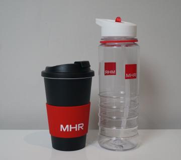 MHR branded reusable coffee cup and water bottle