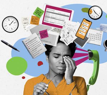 Illustration of a woman looking stressed at all her payroll problems 