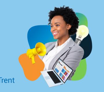 Lady smiling with arms folded and icons of a light bulb, laptop and megaphone around her
