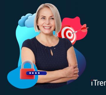 Lady with folded arms smiling with target symbol