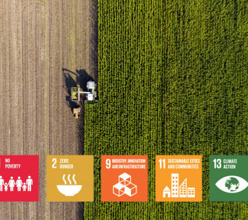 tractor moving in a field with crops and UN SDG icons on top