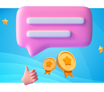 Speech bubble with a thumbs up, stars and medals