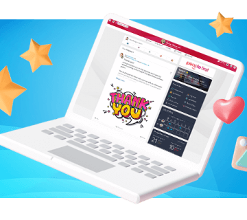 Laptop screen showing the People First home page surrounded by 3D stars and a loveheart