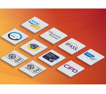 Industry accreditations image, showing SAP gold partnership, Microsoft partnership, IPASS, IMB business partner, SOC 2, Payroll assurance scheme, Llyods register LRQA 9001, Llyods register LRQA 27001, CIPD, Cyber essentials plus.