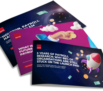 Three content pieces all showing in a single image including: 5 years of payroll guide, payroll research report, and the future of payroll guide. 