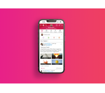 Mobile phone showing People First community page, where employees, managers and your organisation can post news and company updates.