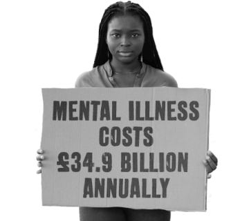 Woman holding sign that says mental illness costs £34.9 billion annually.