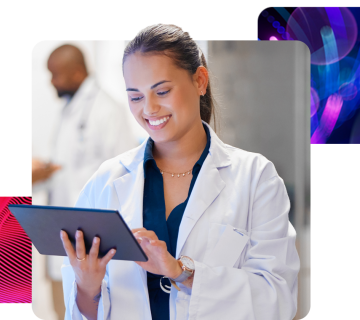 Portrait of a female healthcare worker smiling as she accesses MHR software on her tablet