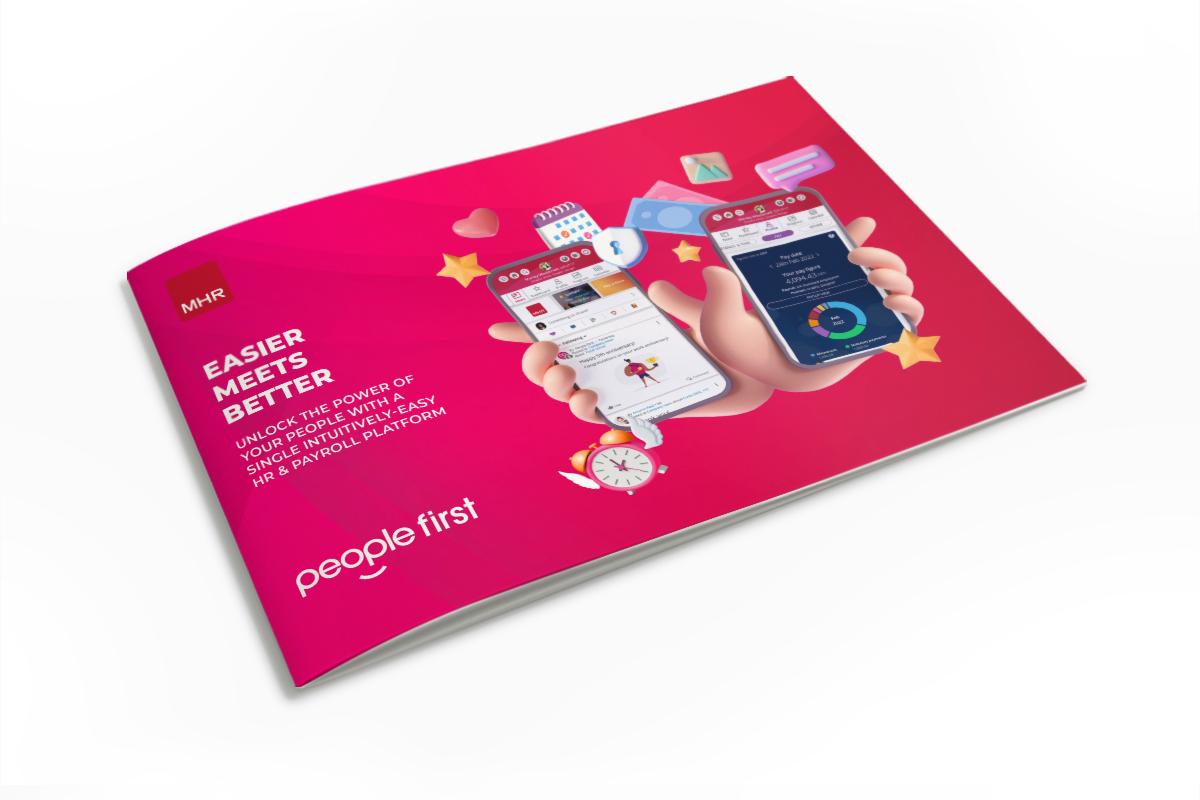 Mock up of the People First overview brochure showing two mobile phone screens which display the product