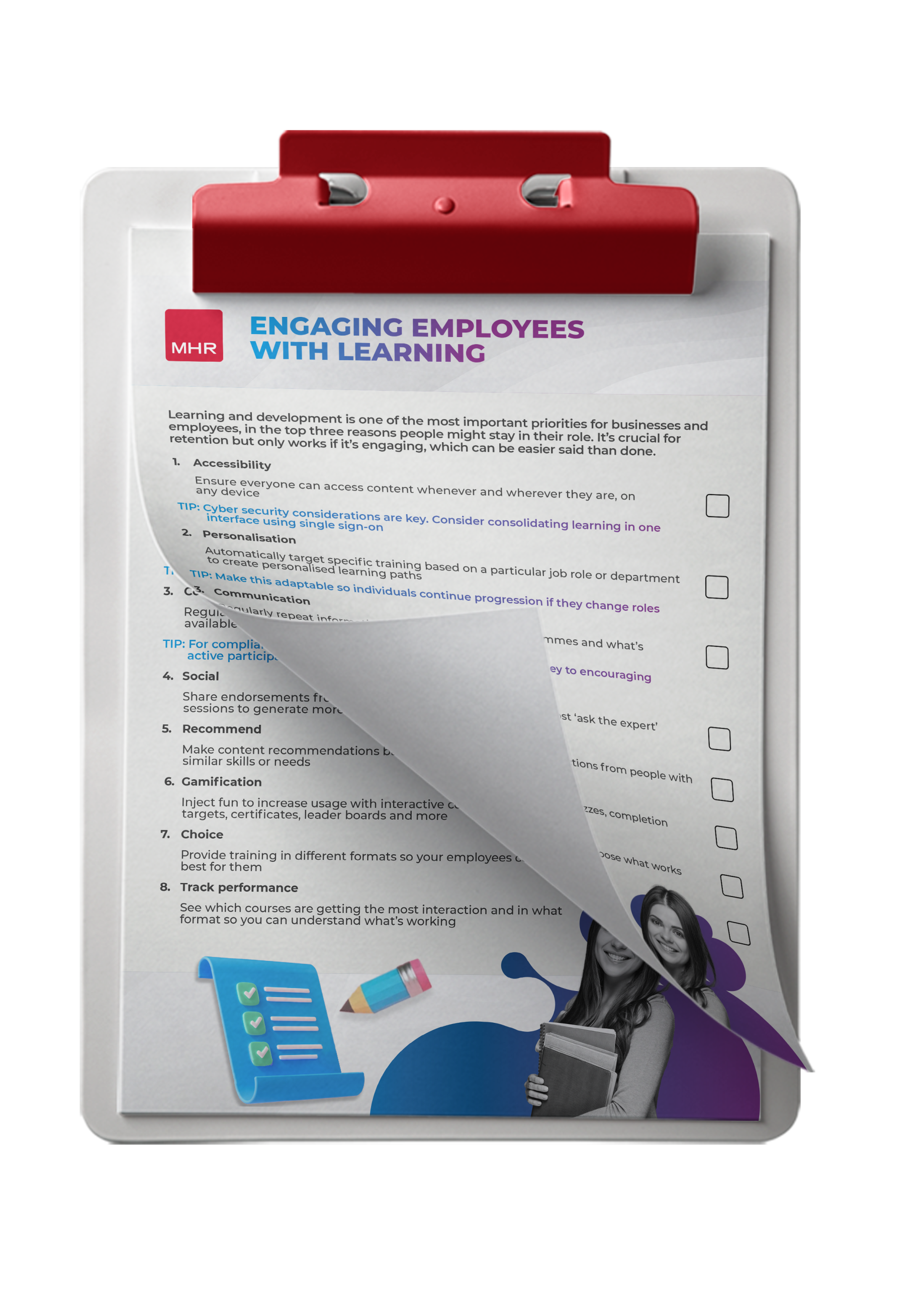 Learning checklist mock up, showing a clipboard with how to engage employees checklist.