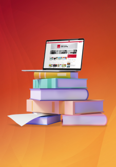 Stack of books with laptop on top showing the MHR Learning platform.