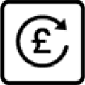 An icon of a circular arrow looping back on itself with a British pound sign in the middle