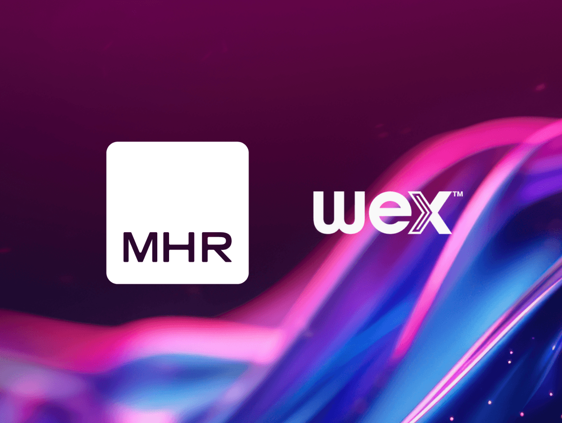 MHR and WEX logo on pink, blue and purple wave background
