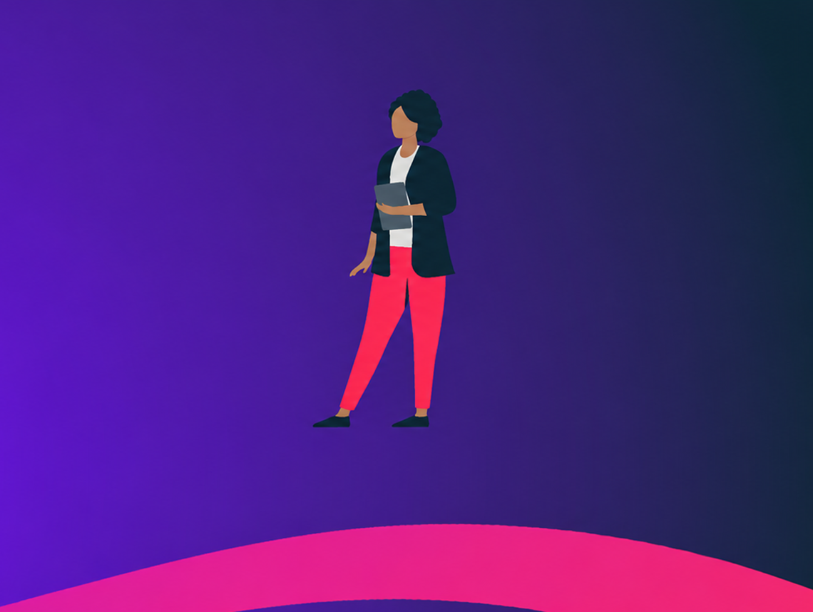 An illustrated woman holding a tablet