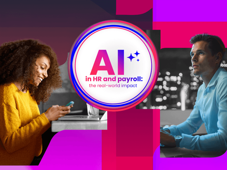 Image of lady smiling looking at phone and man wearing shirt in an office, looking into distance with AI in HR and payroll wording