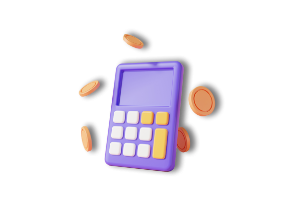 Calculator with coins surrounding it.