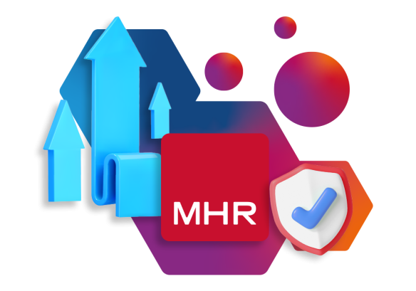 MHR's logo surrounded by arrows going upwards and a shield with a tick.