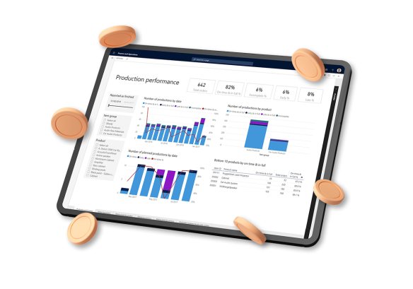 A tablet with Microsoft Dynamics 354 Finance software displaying, with coins surrounding it.